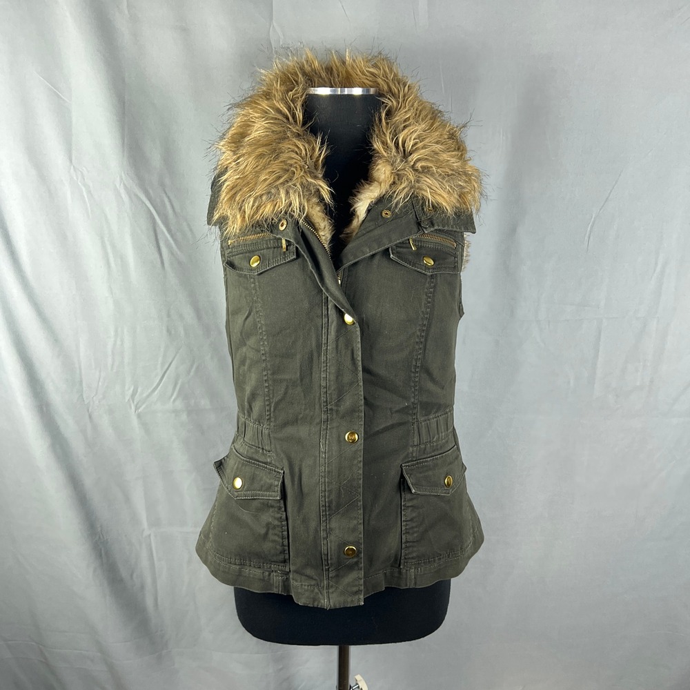 INC International Concepts Olive Green Faux Fur Lined Utility Vest Womens Medium
